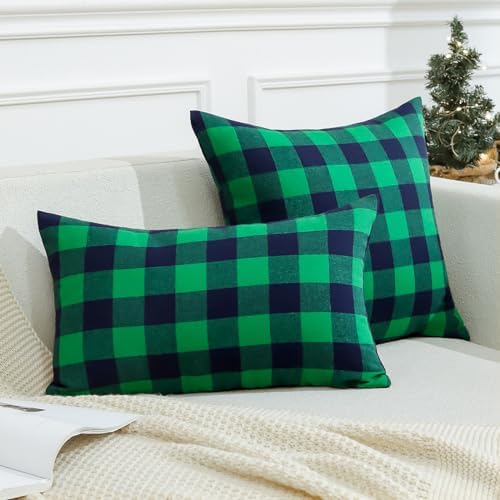 Elegant Christmas Plaid Throw Pillow Covers 12x20 inches with 2 pieces Green Black