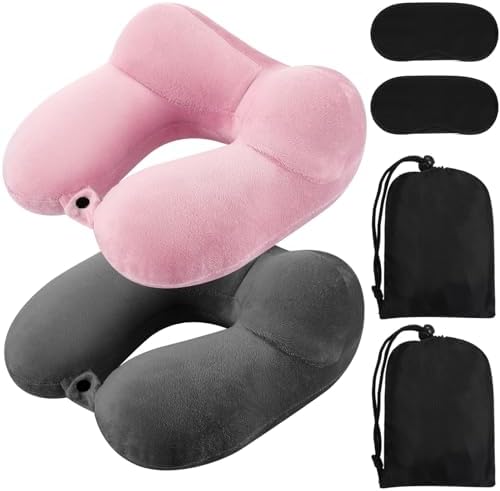 Perfect Inflatable Travel Pillow for Airplanes Dark Gray Light Pink