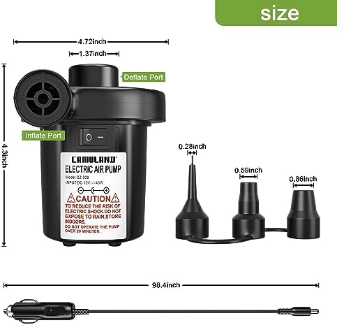 CAMULAND Portable Air Pump with 3 Nozzles and 12V Car Adapter