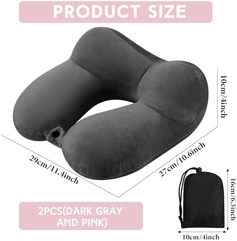 Perfect Inflatable Travel Pillow for Airplanes Dark Gray Light Pink