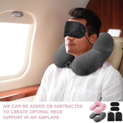Perfect Inflatable Travel Pillow for Airplanes Dark Gray Light Pink
