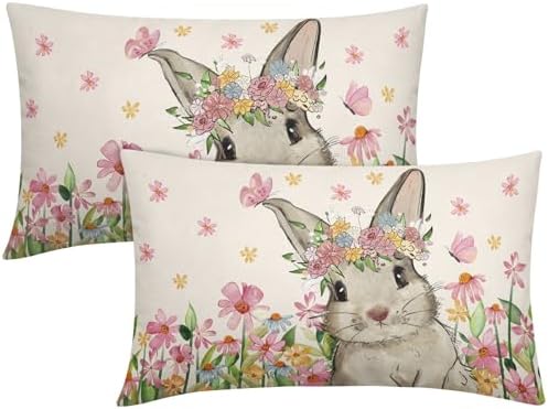Bunny Rabbit Easter Pillow Covers 12x20 inches 2 Set