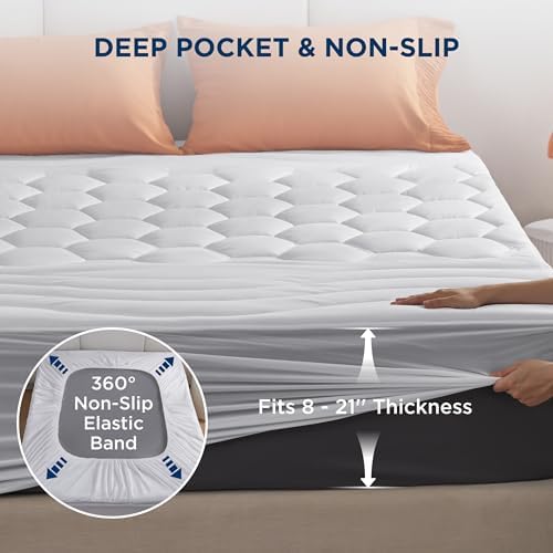 Bedsure Queen Mattress Pad - Quilted Noiseless Machine Washable Protector