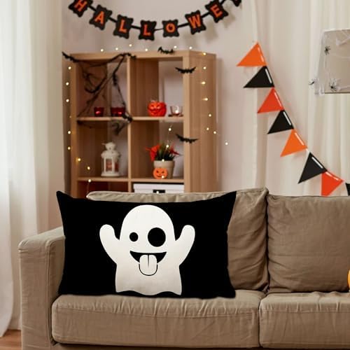 Two PiecesHalloween Pillow Covers 20x12inx Black with Funny Ghost Design