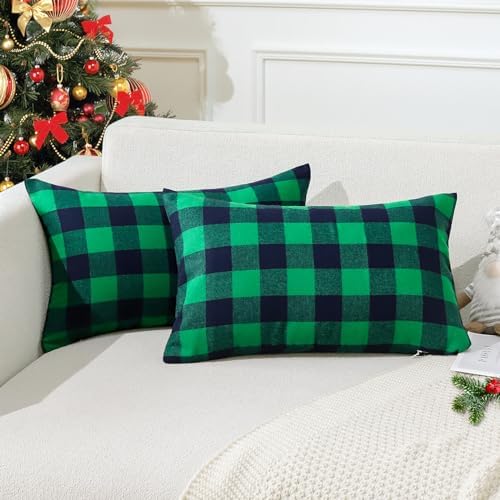 Elegant Christmas Plaid Throw Pillow Covers 12x20 inches with 2 pieces Green Black