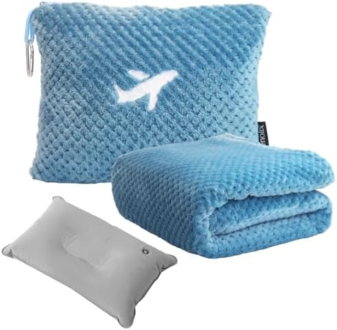 NenolixFLEECE BLANKET 65x40 Portable Carry Bag with Inflatable Pillow Slate Blue
