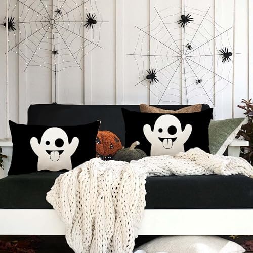 Two PiecesHalloween Pillow Covers 20x12inx Black with Funny Ghost Design