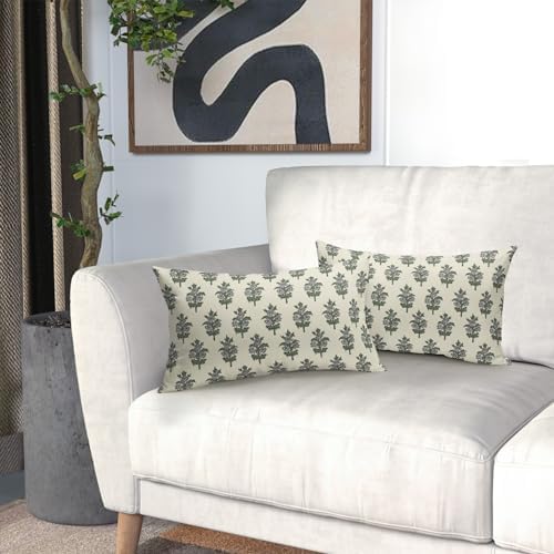 Sage Green Grey Floral Throw Pillow Covers 12x20 Set of 2