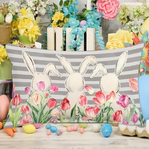 Easter Lumbar Pillow Cover 12x20 Inches Colorful Flowers