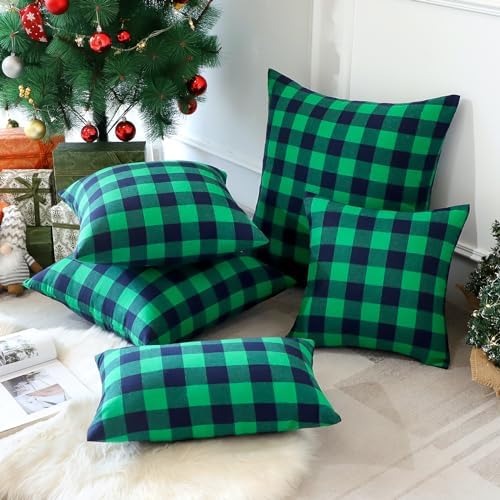 Elegant Christmas Plaid Throw Pillow Covers 12x20 inches with 2 pieces Green Black