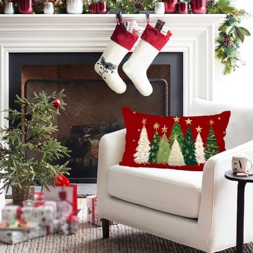 RABUSOFA Christmas Tree Pillow Covers 12x20 Inch Red