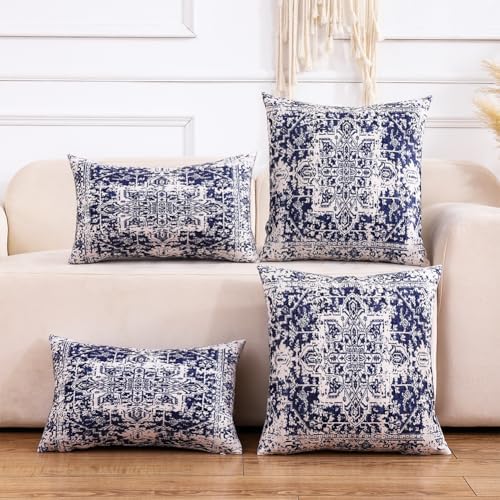 CARRIE HOME - navy blue white Boho Velvet Lumbar Pillow Covers Set of 2