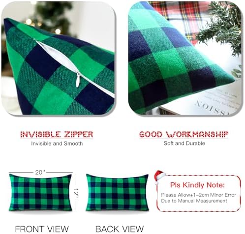 Elegant Christmas Plaid Throw Pillow Covers 12x20 inches with 2 pieces Green Black