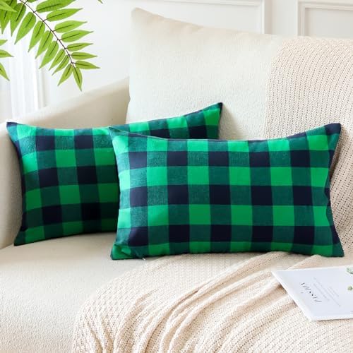 Elegant Christmas Plaid Throw Pillow Covers 12x20 inches with 2 pieces Green Black