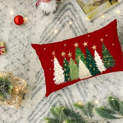 RABUSOFA Christmas Tree Pillow Covers 12x20 Inch Red
