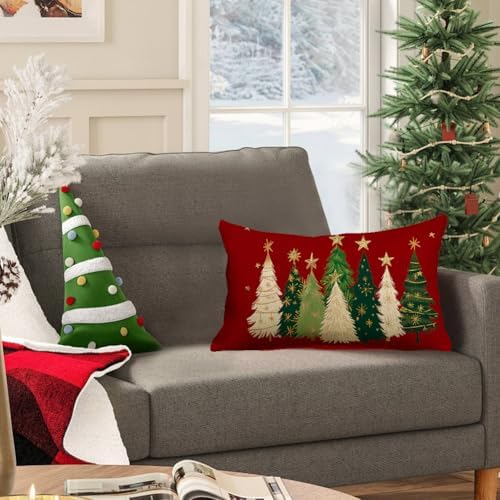 RABUSOFA Christmas Tree Pillow Covers 12x20 Inch Red