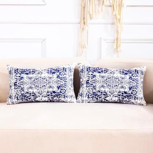 CARRIE HOME - navy blue white Boho Velvet Lumbar Pillow Covers Set of 2