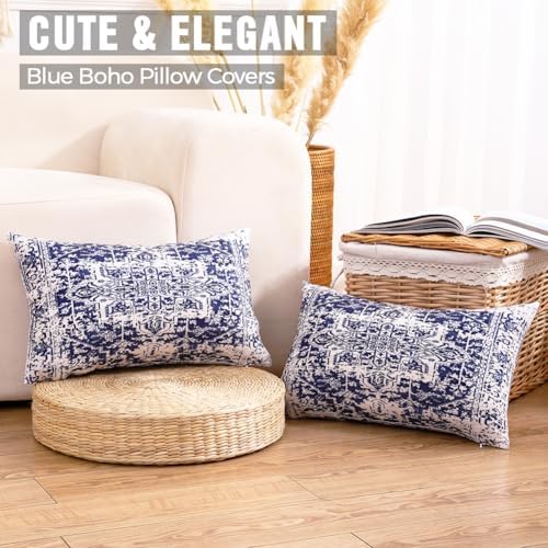 CARRIE HOME - navy blue white Boho Velvet Lumbar Pillow Covers Set of 2