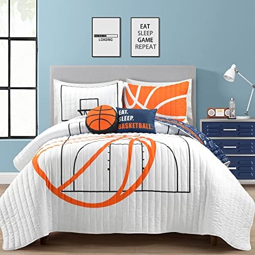 Basketball Quilt Set for Kids Oversized Reversible White Navy