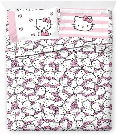 Hello Kitty Stripes Hearts Queen Size Sheet Set - Cozy and Fun